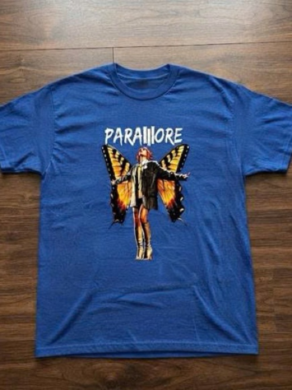 Paramour shirt, Royal Blue Graphic Tee with Yellow & Black Butterfly